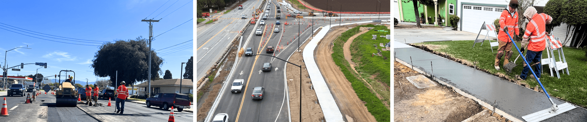 road repair using construction equipment, traffic detours on a road, two men in orange jackets smoothing wet cement