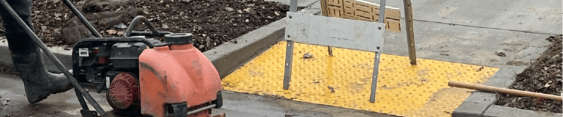 Worker wearing safety gear pushing a machine on concrete