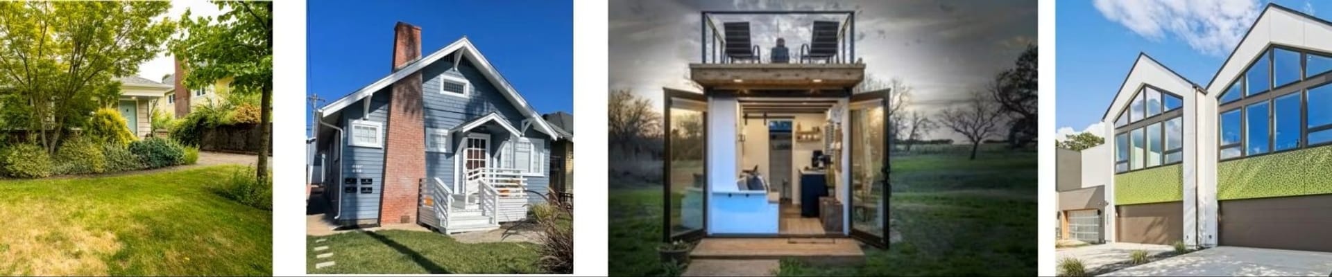 Four different types of houses on with greenery out front, one blue house, one tiny home, and one glass house