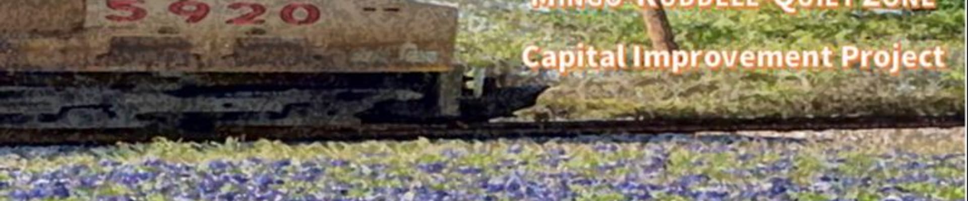 Painting of greenery with text saying "Mingo - Ruddell - Quiet Zone Capital Improvement Project"