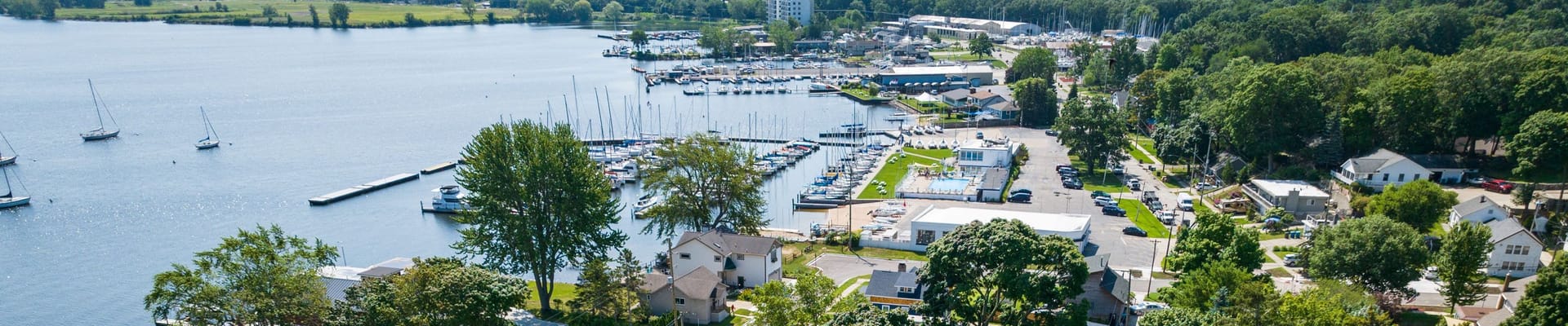 Drone image of Muskegon Lake and surrounding neighborhood