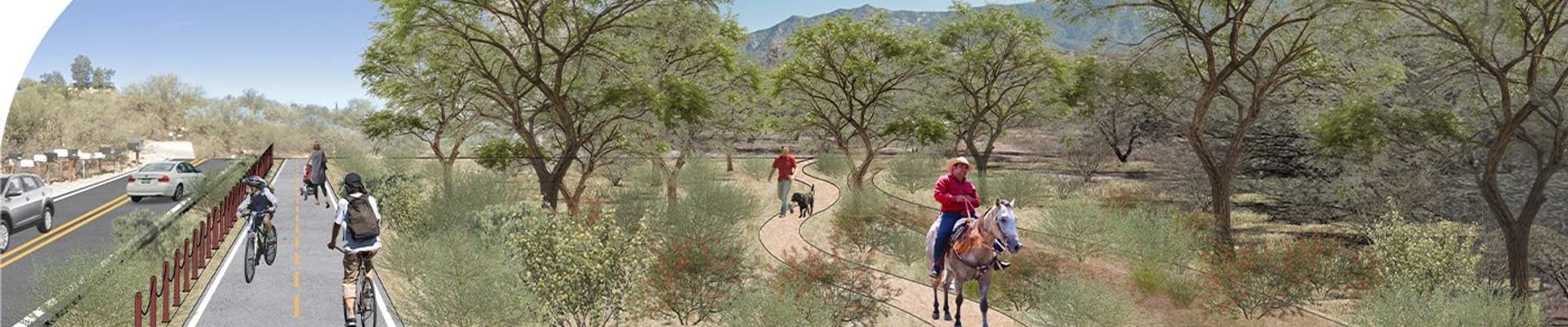 Artistic rendering of a cross section of a natural resource park. From left to right, elements include a paved road with cars, a protective fence, a paved pathway utilized by bikers, a line of trees and an unpaved path utilized by a person on horseback.