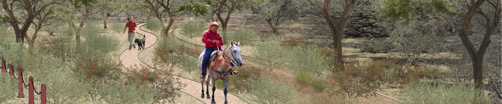 Two people utilize an unpaved path in a park. The figure in the front rides a white horse, and the figure in the back walks their dog.