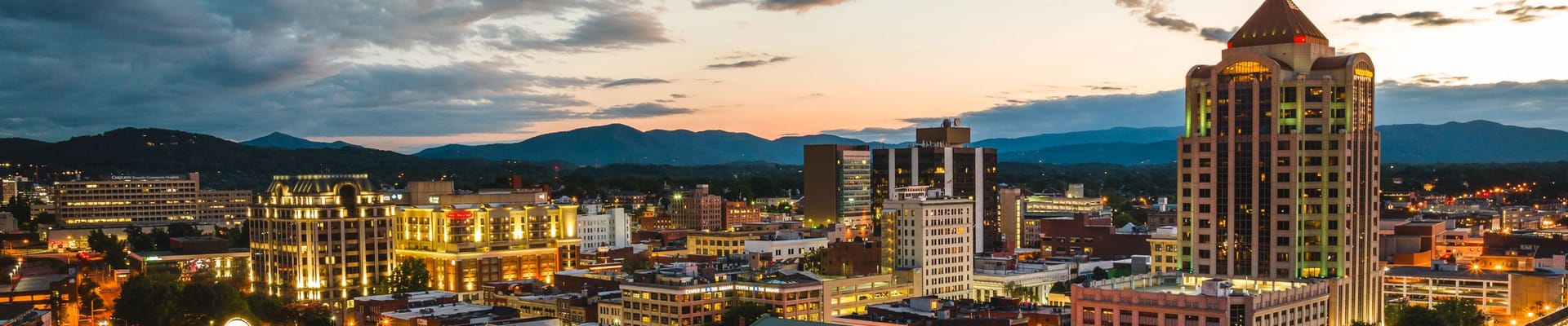Downtown Roanoke at twilight looking west