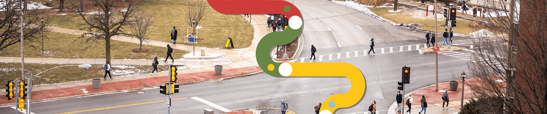 Campus intersection overlaid with colorful lines