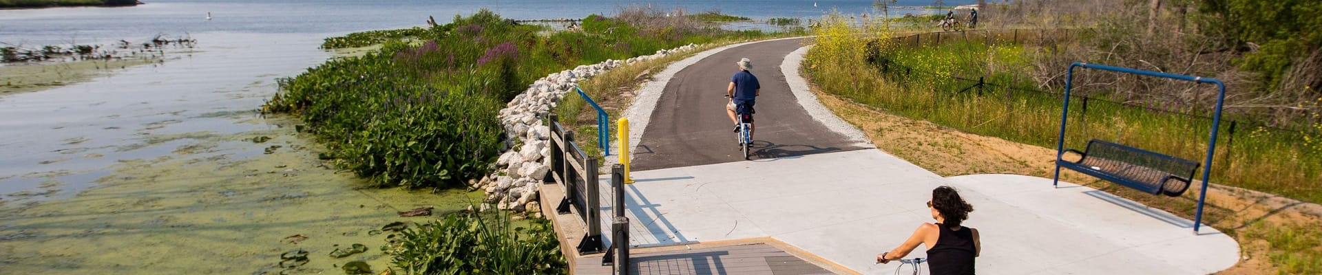 Bike riders on trail near water with swing