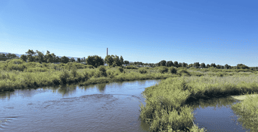 A picture of the Laramie River with grass and trees in the background along with an old UPRR smokestack.