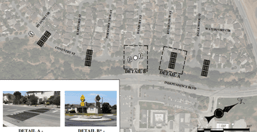 map with icons showing where traffic circle and speed cushions will be located for the project