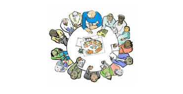 sketch of people sitting round a table with design drawings in the centre