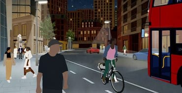 Illustrated night-time street scene in Ilford town centre showing improved public realm and active travel infrastructure. The image features widened pavements, street trees, modern lighting, a dedicated cycle route and a red double-decker bus travelling along the street. People are walking and cycling between new residential and commercial buildings, demonstrating a safer, more attractive and better-connected urban environment after dark.