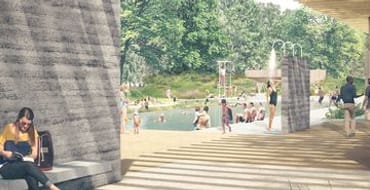 Image of what the Peckham lido could look like with children playing in the water