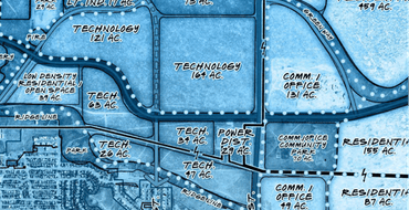 Conceptual land use map showing designated areas for open space, technology, power, communications/community, parks, residential, and other development uses.