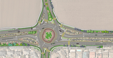 rendering of a roundabout at Boronda and McKinnon that shows two lanes of traffic flowing in each direction