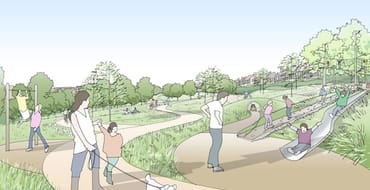 Image of people playing and relaxing in a green space