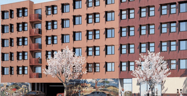 conceptual design of an mixed use housing project with retail and murals on the bottom floor and apartments on the top floors with trees along the sidewalk
