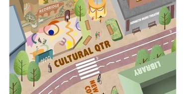 Illustrated aerial-style view of a proposed cultural quarter. A street with a zebra crossing and cycle lane runs through the centre, with the words “CULTURAL QTR” displayed on the roadway. Small groups of people are shown using public spaces, including seating, play and activity areas. Trees, planting, benches and landscaped spaces line the street. A building labelled “Kenneth More Theatre” is visible in the upper right, alongside additional seating and public realm features. The image presents a greener, more active and pedestrian-friendly cultural destination