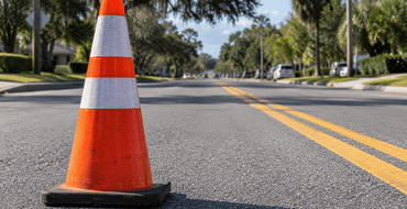 A bright orange traffic cone with reflective white bands sits on a paved roadway. A tree-lined suburban street with double yellow center lines, sidewalks, utility poles, and parked vehicles extends into the background.