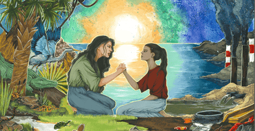 Two generations hold hands across a divided landscape, one side a healthy Florida ecosystem, the other side a polluted land
