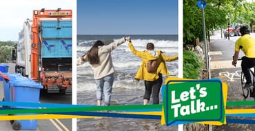 An image on the left of a council worker emptying a bin into a waste truck, three ladies walking towards waves on the beach and a person riding their bicycle on a cycle lane