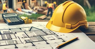 AI image of plans, helmet, construction site