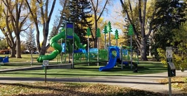 Playground with green and blue play equipment surrounded by mature trees in a Laramie park.