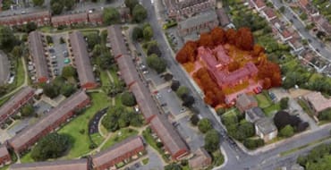 Aerial view of Mayfield hostel and potential development