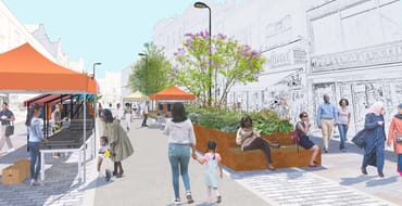 Concept visualisation showing proposed seating and planting with pedestrians and market stalls on Deptford High Street