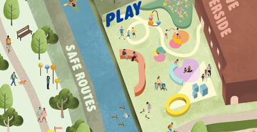 Illustrated concept for a greener and healthier Ilford focused on the River Roding corridor. The image shows a landscaped riverside park with new trees, walking and cycling routes, areas for play and recreation, and improved access to the water. People are shown walking, cycling, kayaking and using colourful play equipment, while a new bridge and green spaces create safer connections and support outdoor activity, biodiversity and wellbeing.