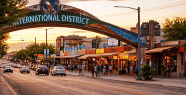 international district at sunset