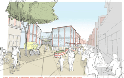Artist impression of the proposed entrance to the Swan Centre and view along the high street