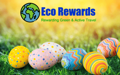 Selection of painted Easter eggs lying on grass. Logo overlaying image with text: Eco Rewards. Rewarding Green & Active Travel.