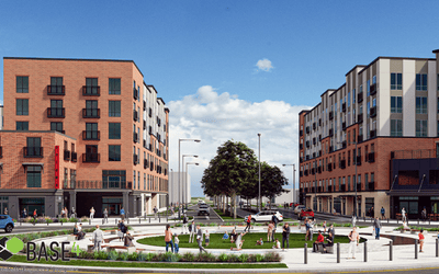 A conceptual rendering of the view from Uptown Circle of Trail East & Trail West.