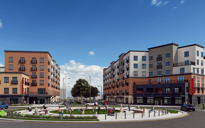 A conceptual rendering of the view from Uptown Circle of Trail East & Trail West. 