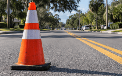 A bright orange traffic cone with reflective white bands sits on a paved roadway. A tree-lined suburban street with double yellow center lines, sidewalks, utility poles, and parked vehicles extends into the background.