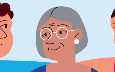 Animated image showing a young man, older lady and young lady, in a row with thei arms around each others shoulders 