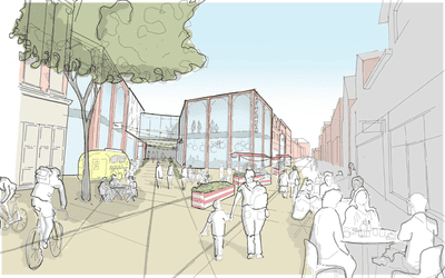 Artist impression of the proposed entrance to the Swan Centre and a view along the high street.