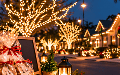 Holiday lights illuminate homes and trees along a residential street, with a festive cottage food display of baked goods in the foreground.