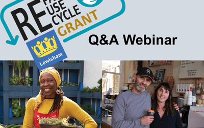A grants recycling logo, and Lewisham's logo. A photo of a woman smiling, carrying herbs. A couple with a reusable coffee cup.