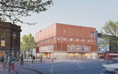A CGI view of the outside of the new and improved Lewisham Library which has lots of windows