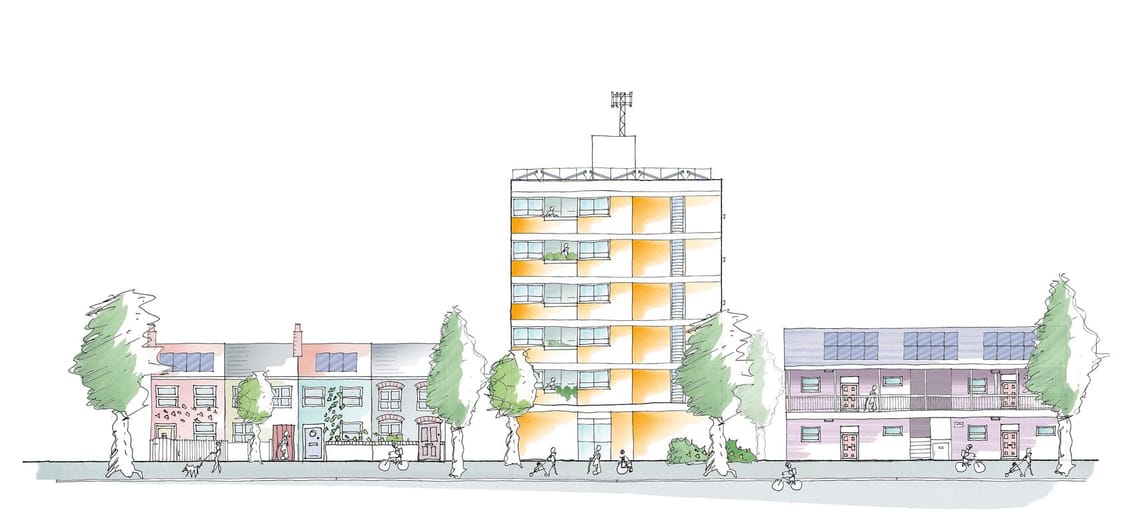 Drawing of some of the many types of homes that may get home improvement works in Lewisham. Artist: Paul Robinson