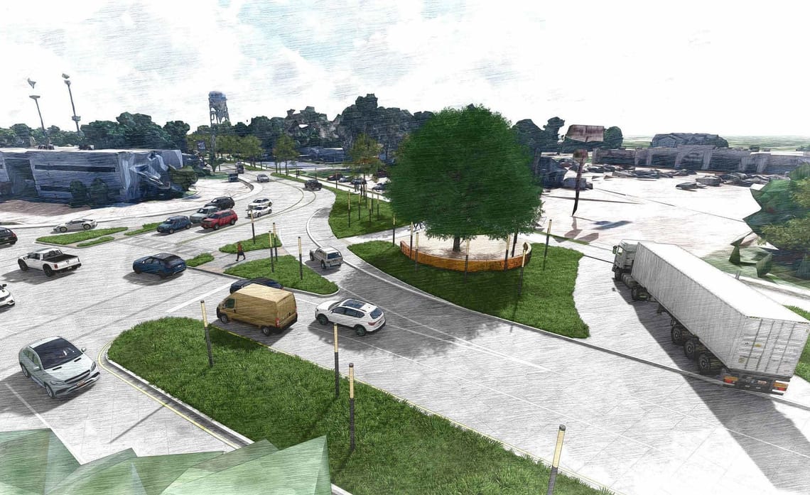 A picture of the Bertrand Drive North Gateway at N. College and Reinhardt rendering for the Revitalization Project.