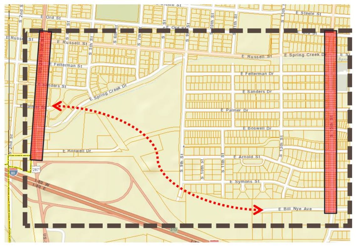 A map showing the general area that Bill Nye has to cross to connect to 3rd Street.