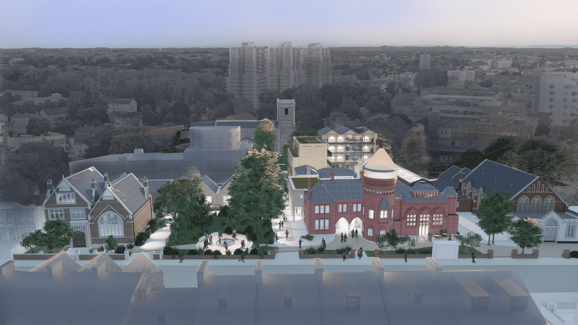 An elevated frontal view of the proposed Ladywell Playtower, as regenerated by RUSS. The Playtower complex sits to the right of the image, in redbrick.