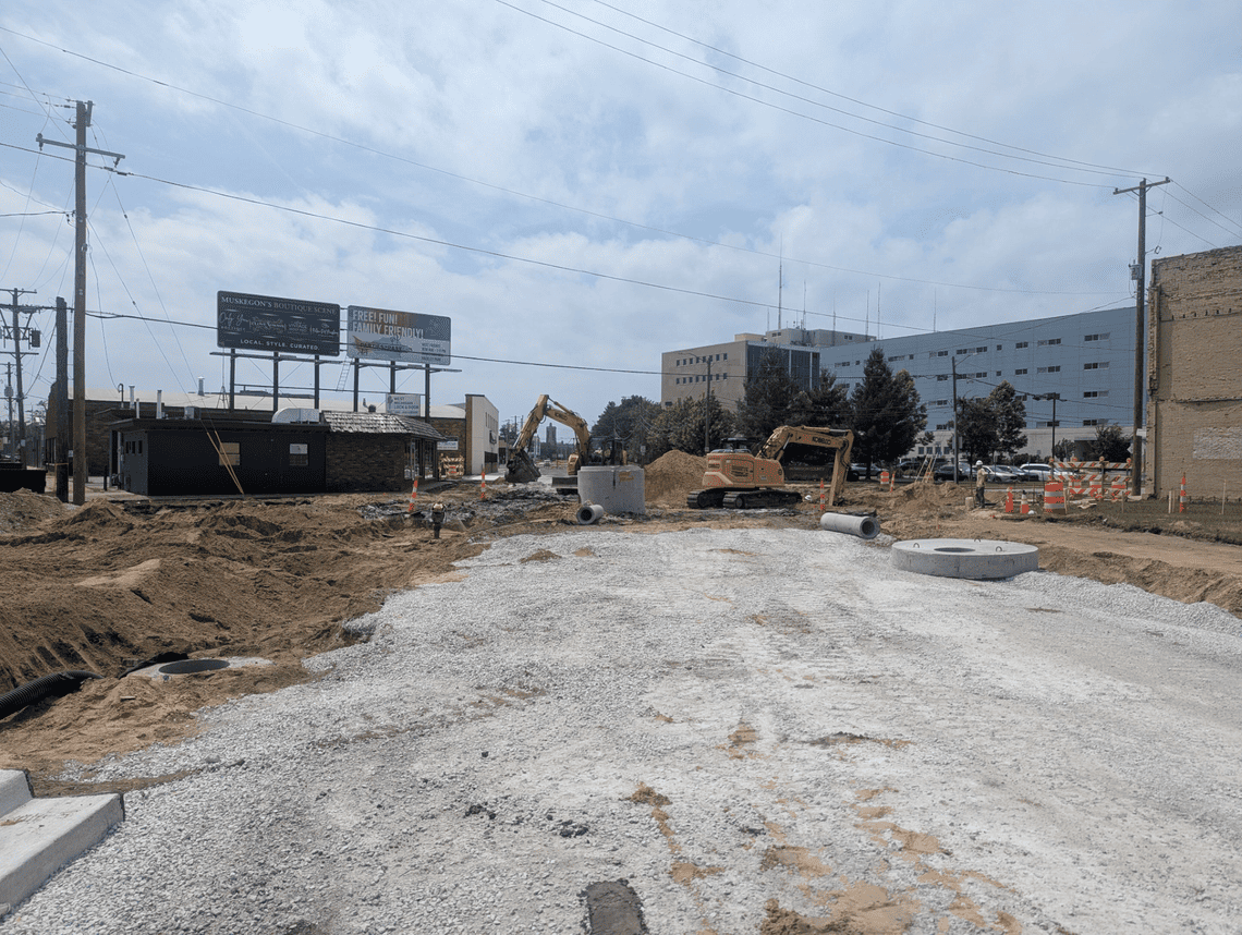 New Storm Sewer installation in Pine St intersection, Looking West