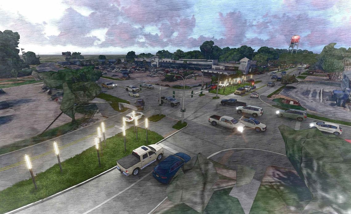 A picture of the Bertrand Drive South Gateway at Johnston Street (Night) rendering for the Revitalization Project.