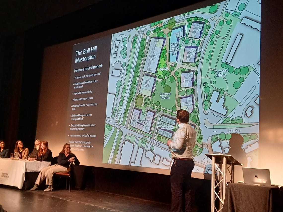 Image of the Transform Leatherhead Forum with a masterplan of the Bull Hill proposals