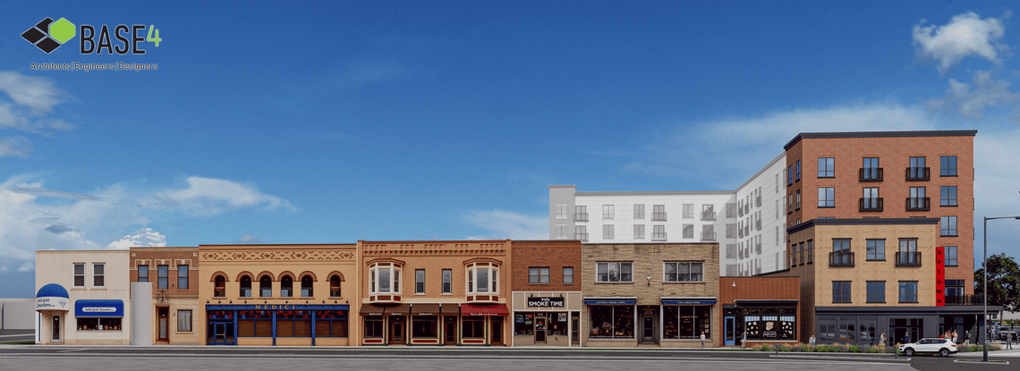 Conceptual rendering Trail West, a large multi-purpose building behind the commercial strip of North Street. 