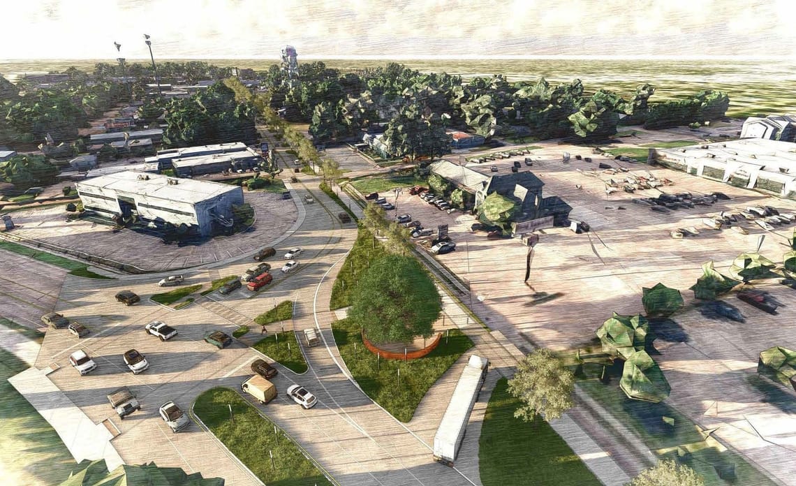 A picture of the Bertrand Drive North Gateway at N. College and Reinhardt rendering for the Revitalization Project.
