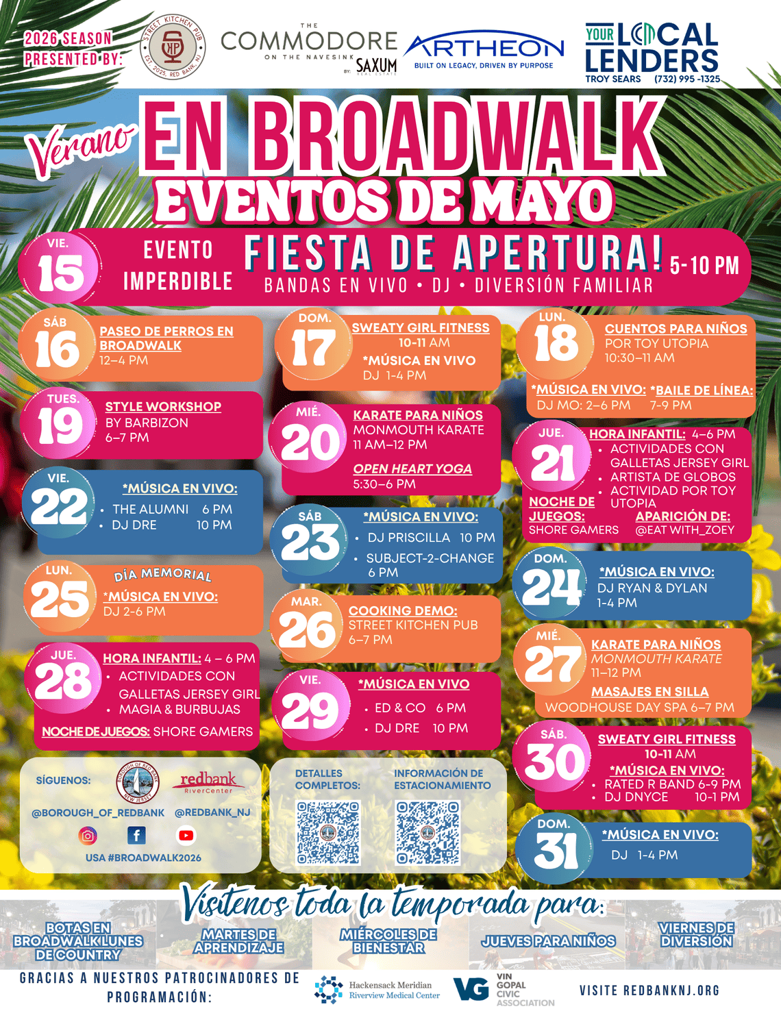 colorful flyer calendar may events broadwalk (spanish) 