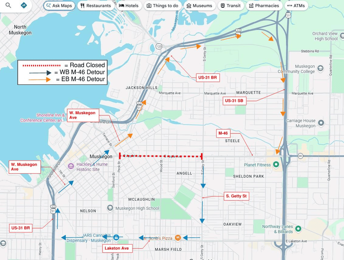 Stage II Construction is ongoing between Terrace St and Getty St. This area will be fully closed to through traffic with access maintained for businesses and residents to access their properties. Detour routes for Stage II will be as follows: EB M-46 will use W. Webster Ave to US-31BR (Moses J Jones Pkwy), to SB US-31, to the M-46 (Apple Ave) exit. WB M-46 traffic will use S. Getty St to Laketon Ave, to US-31 BR (Seaway Dr), to W. Webster Ave. The Stage II map below shows the additional area that will be closed and the detour routes for traffic.